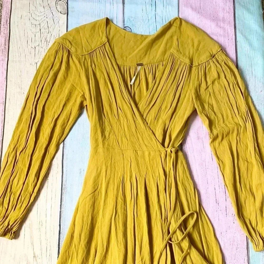 Yellow free people long sleeve wrap around mini dress size xs - Picture 6 of 12
